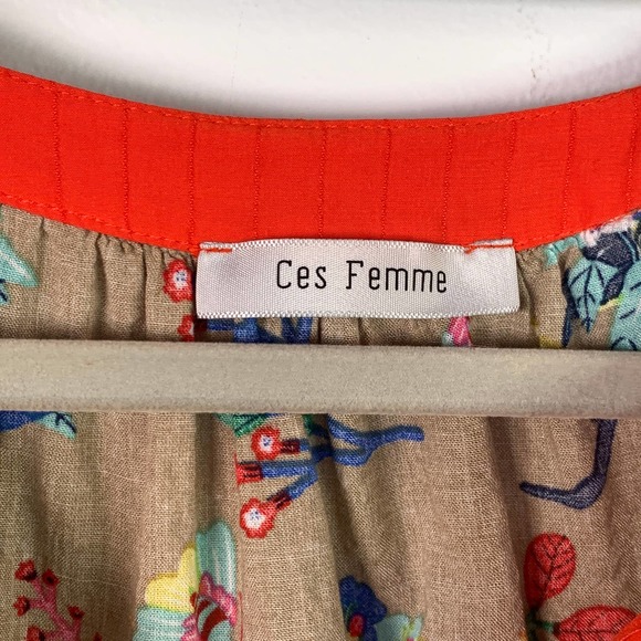 Ces Femme Puffed Sleeve Tan with Orange V-Neck Taylor Top Sz L - Picture 5 of 9